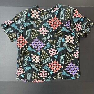 Vintage 100% Silk Blouse Women's M Black Geometric Print Luxury Business